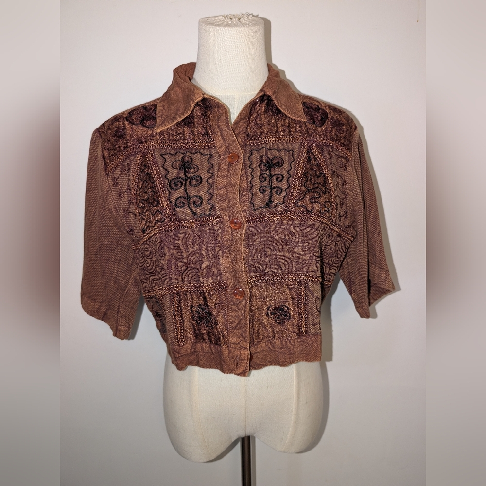 Vintage Brown Short Sleeve Embroidered Shirt/Jacket
